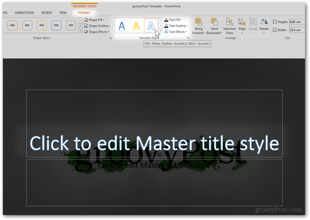 Office 2013 veidne Izveidot Pielāgota dizaina izveidošanu POTX Slaidu slaidu pielāgošana Apmācība WordArt stila fonta krāsas īpašības Teksta iepriekš iestatīts rediģēšana