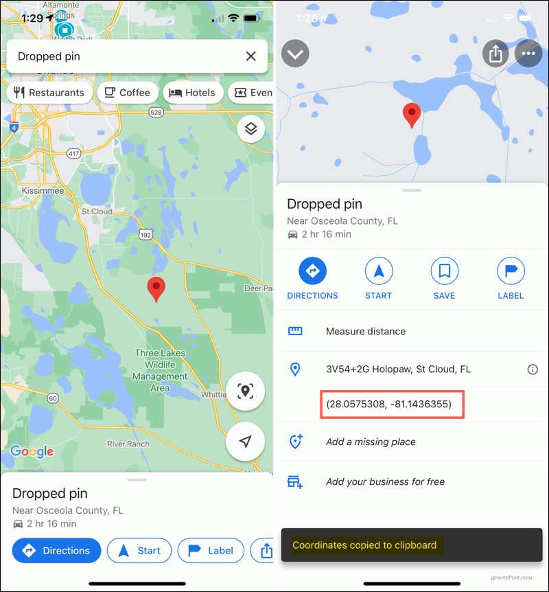 iPhone nomestā piespraude pakalpojumā Google Maps