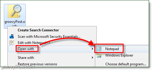 atveriet meklēšanas savienotāju ar piezīmju bloku, lai to rediģētu Windows 7