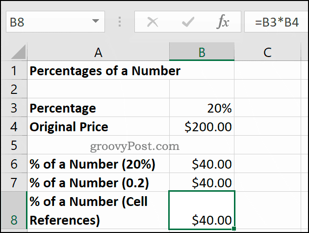 Skaitļa procenti, kas parādīti Microsoft Excel