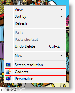 Windows 7 barības lasītāja sīkrīku piekļuve konteksta izvēlnei