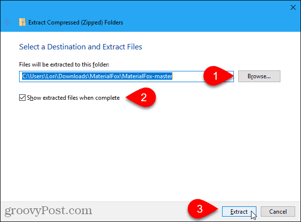 Windows 10 ekstrakta dialogs