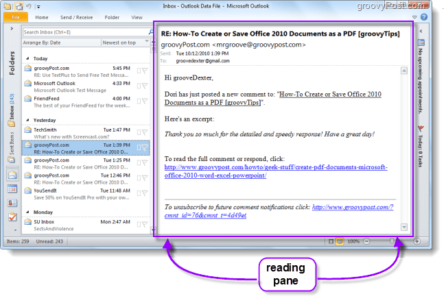Outlook 2010 lasīšanas rūts skata e-pasti