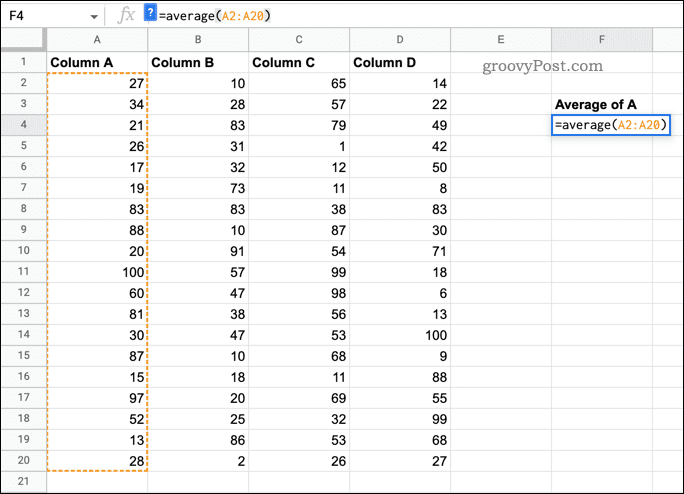 Google izklājlapās izmantotā funkcija AVERAGE