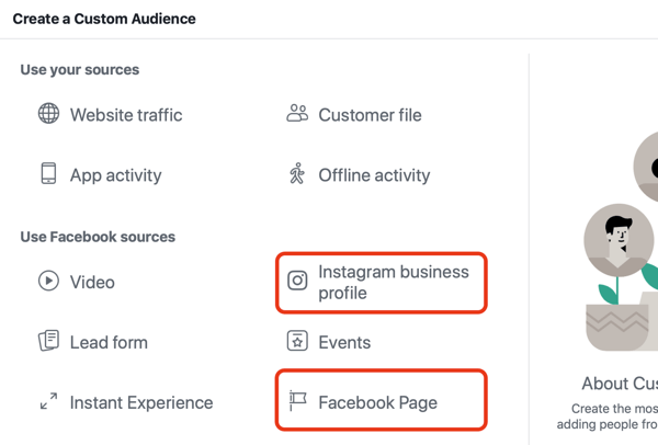 Izmantojiet Facebook reklāmas, lai reklamētos cilvēkiem, kuri apmeklē jūsu Facebook lapu vai Instagram, 1. darbība.