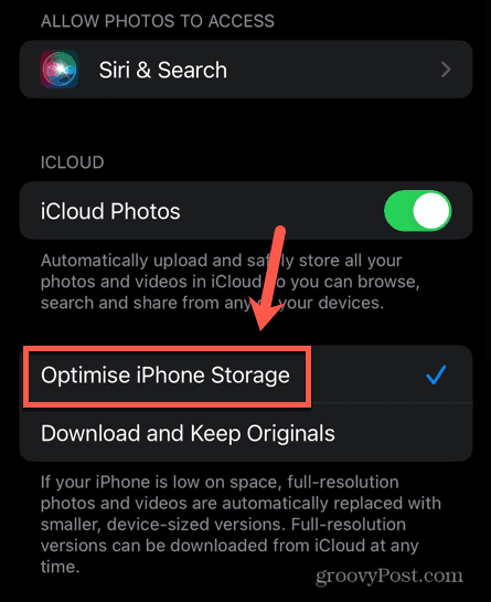 optimizēt iPhone krātuvi