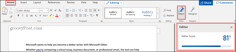 Microsoft redaktora poga un sānjosla programmā Word tiešsaistē