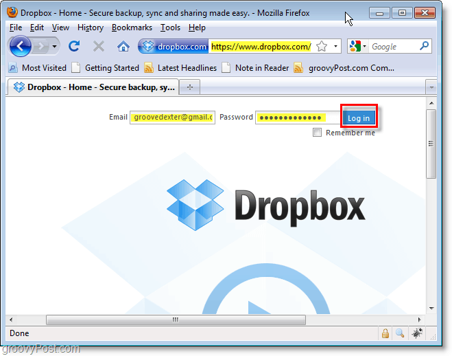 Dropbox ekrānuzņēmums - pieteikšanās uz dropbox