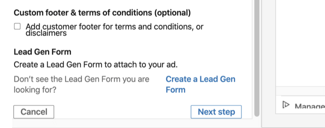 LinkedIn sarunas reklāmas iestatīšanas sadaļā Pamatinformācija pieejama opcija Lead Gen Form