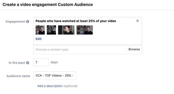 Izveidojiet video skatītāju pielāgoto auditoriju Facebook, 2. darbība.