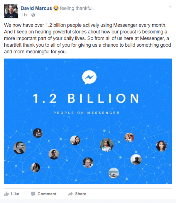 Facebook atklāja, ka pašlaik katru mēnesi aktīvi izmanto Messenger vairāk nekā 1,2 miljardi cilvēku.