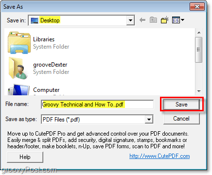 Windows logos izvēlieties pdf saglabāšanas faila atrašanās vietu jaunizveidotajam pdf, izmantojot cutePDF