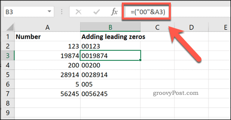 Noteikta sākuma nulļu skaita pievienošana Excel šūnām