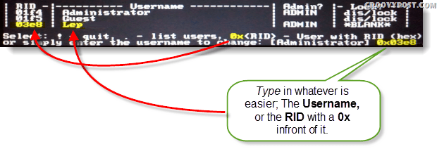 Izvēlieties!, atmest. - uzskaitiet lietotājus, 0x <RID> - lietotājs ar RID (sešstūris) vai vienkārši ievadiet lietotājvārdu, lai mainītu: [Administrators]
