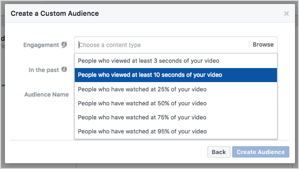Facebook pielāgotā auditorija, pamatojoties uz 10 sekunžu video skatījumiem.