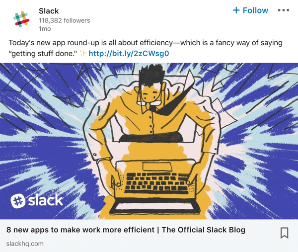 Slack LinkedIn uzņēmuma lapas ziņas piemērs.