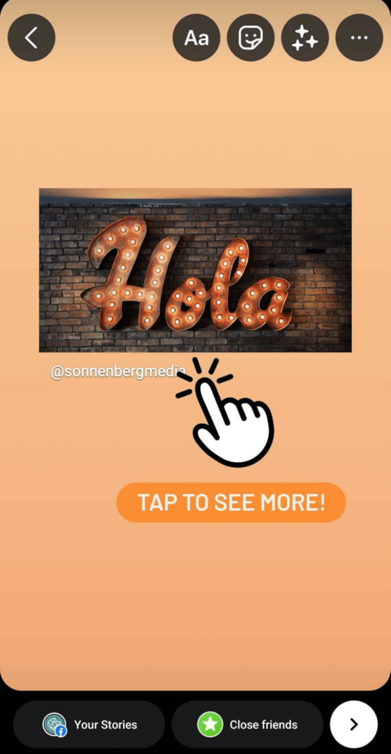 Instagram stāsta attēls ar Pieskarieties, lai redzētu vairāk CTA
