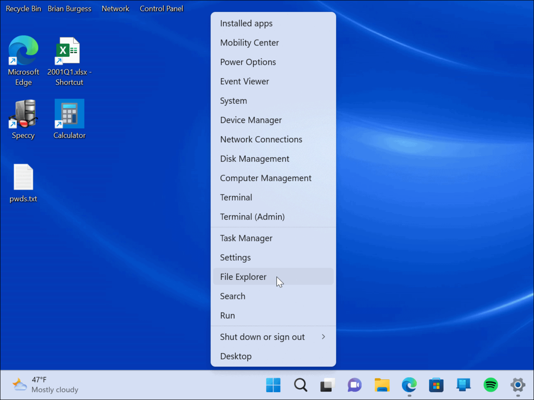 Piekļūstiet jaudas lietotāja izvēlnei operētājsistēmā Windows 11