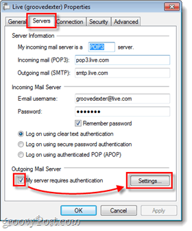Windows Live pasta serveri un izejošo pastu iestatījumi