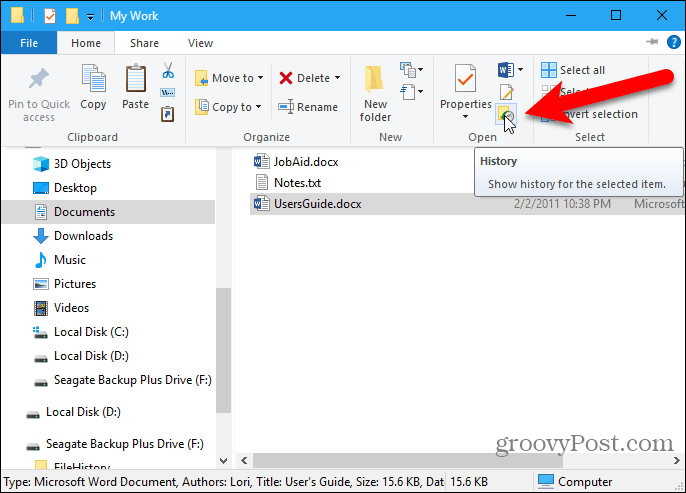 File Explorer noklikšķiniet uz History