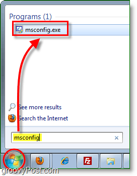 palaidiet msconfig.exe no sākuma izvēlnes Windows 7
