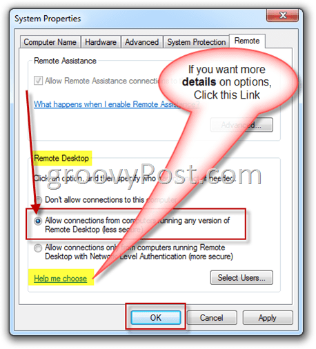 Windows 7 - attālie iestatījumi iespējot RDP radio pogu