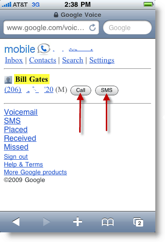 Google Voice Mobile Zvaniet vai nosūtiet SMS īsziņu