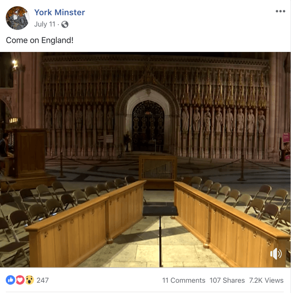 Piemērs Facebook ziņojumam ar aktuālu tēmu no York Minster.