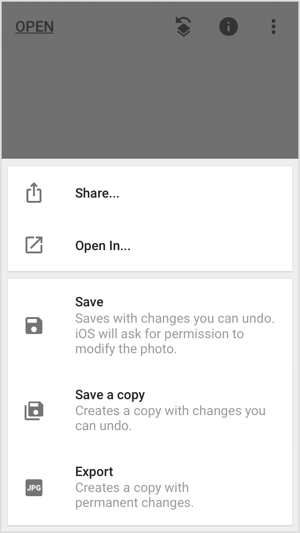 Kopīgojiet, saglabājiet vai eksportējiet savu attēlu mobilajās lietotnēs, piemēram, Snapseed.