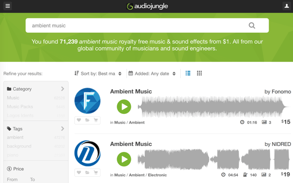 Meklējiet, izmantojot AudioJungle spēcīgo bibliotēku, kurā bez maksas tiek izmantoti mūzikas un audio celiņi, sākot no 1 USD.