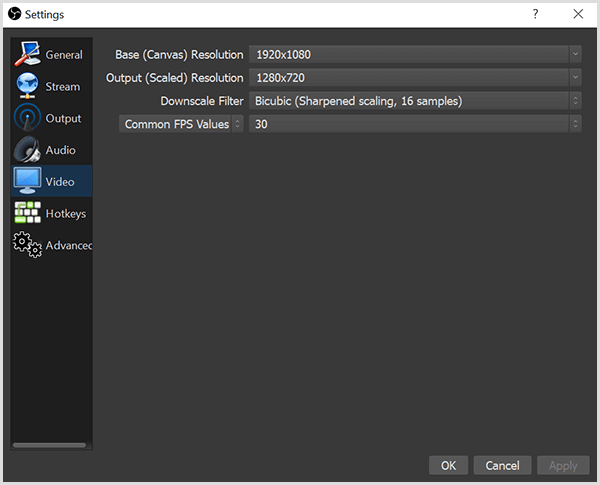 Dialoglodziņā OBS Studio iestatījumi cilnē Video ir opcijas, lai iestatītu pamata izšķirtspēju un jūs mūsu izejas izšķirtspēju. Lodziņā ir arī iespējas samazināt filtru un FPS vai kadrus sekundē.