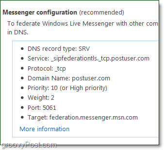 iestatiet Messenger konfigurāciju, lai ar savu domēnu izmantotu Windows Live Messenger