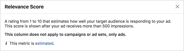 Facebook reklāmu atbilstības rādītāja metrika.
