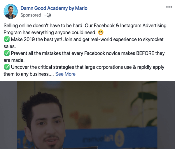 Kā rakstīt un strukturēt ilgāk veidotas teksta bāzes Facebook sponsorētas ziņas, 1. tipa problēmu un risinājumu, piemēram, Mario Damn Good Academy