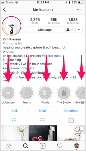 Kimas Klassenas profilā tiek atzīmēti Instagram zīmola akcenti.