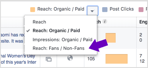Facebook lapas ieskatos noklikšķiniet uz bultiņas blakus Reach: Organic / Paid.