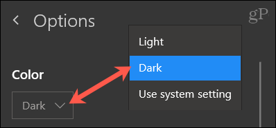 OneNote operētājsistēmai Windows 10 izvēlieties Krāsa, tumšs