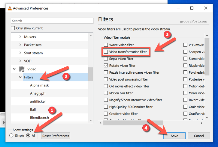 Video pārveidošanas filtru iespējošana VLC operētājsistēmā Windows