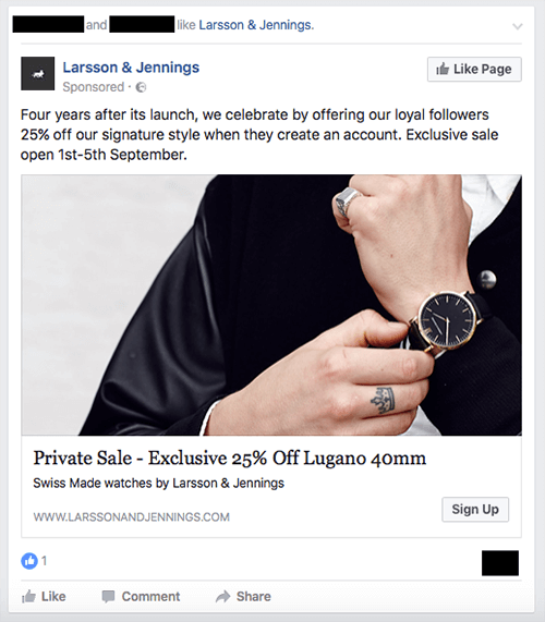 Sludinājums par ekskluzīvu pulksteņu zīmola Larsson & Jennings izpārdošanu.