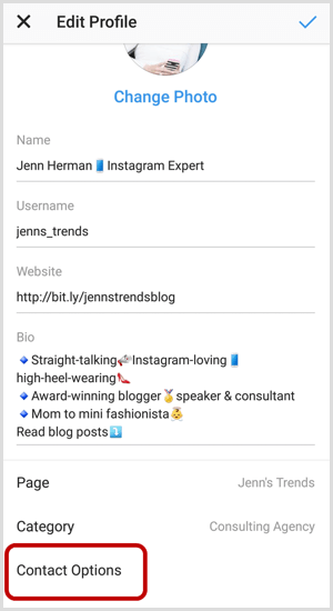 Kontaktu opcijas Instagram Edit Profile ekrānā