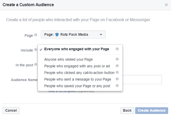 Izveidojiet pielāgotas mērķauditorijas, pamatojoties uz cilvēkiem, kuri mijiedarbojās ar jūsu Facebook lapu.