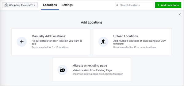 Jūs redzat trīs iespējas, kā pievienot atrašanās vietas savai Facebook lapai.