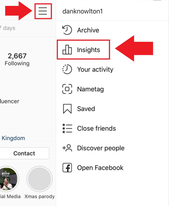 Sociālo mediju mārketinga stratēģija; Ekrānuzņēmums, kur piekļūt Instagram Insights lietotnē Instagram.