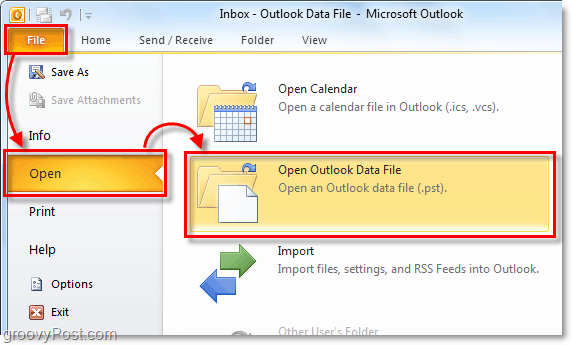 atveriet mapi, kurā ir jūsu arhīva pst fails no programmas Outlook 2010
