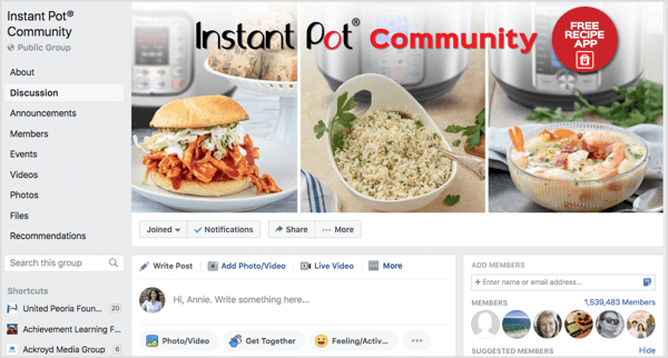 Instant Pot Community Facebook grupa, kurā ir vairāk nekā miljons dalībnieku.