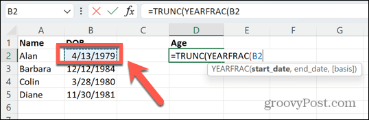 excel dzimšanas datums