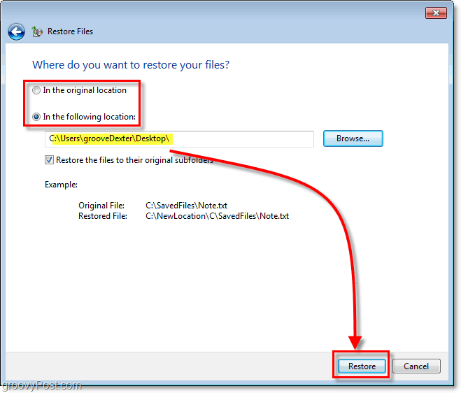 Windows 7 dublējums - izvēlieties atjaunoto failu adresātu