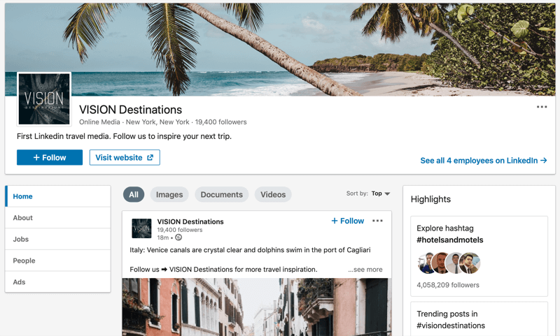 LinkedIn uzņēmuma lapa VISION Destinations