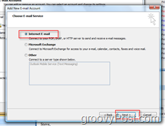 Izveidojiet jaunu pasta kontu programmā Outlook 2007:: Interneta e-pasta radio poga