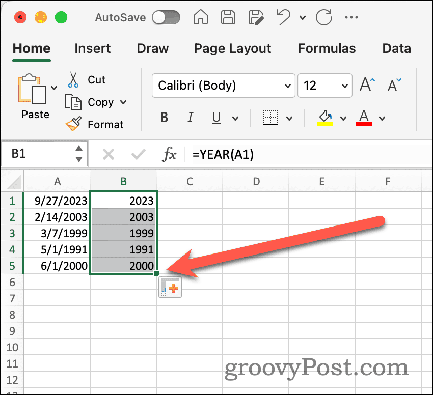 Automātiskās aizpildes rokturis programmā Excel
